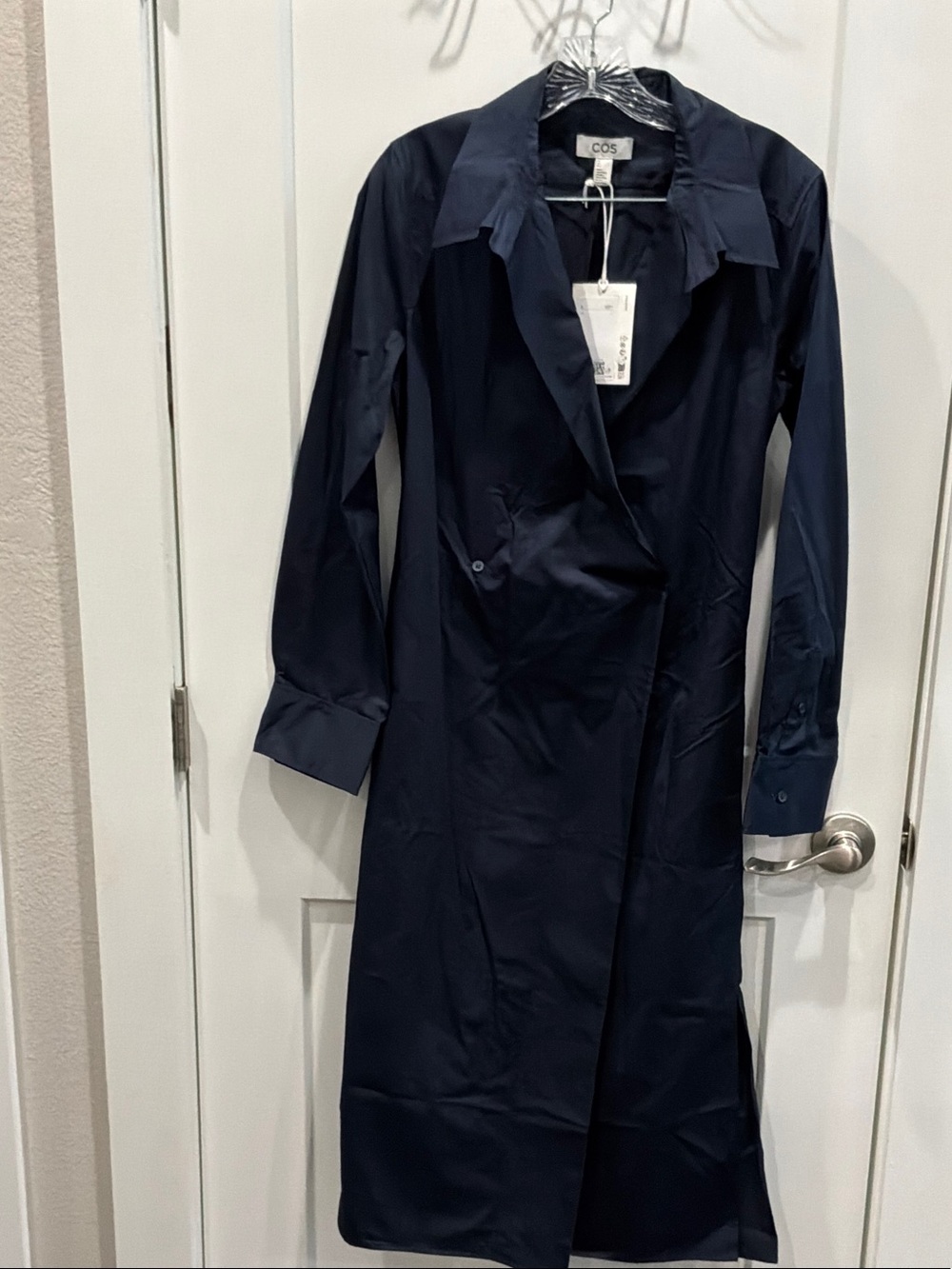 NWT COS 4 Navy Double Breasted Wrap Shirt Dress Back/Front Tie wPockets MIDI
